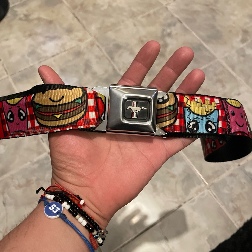 Buckle Down Hamburger Fries Belt Ford Mustang Adjustable Seatbelt Belt